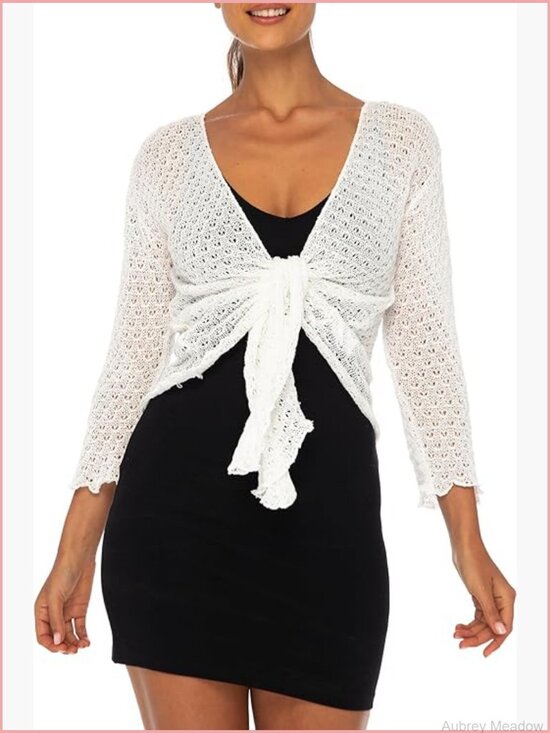 Sweaters - Cotton Tie Front Cardigan Shrug Lightweight Soft Knit 3/4 Sleeve Open Front